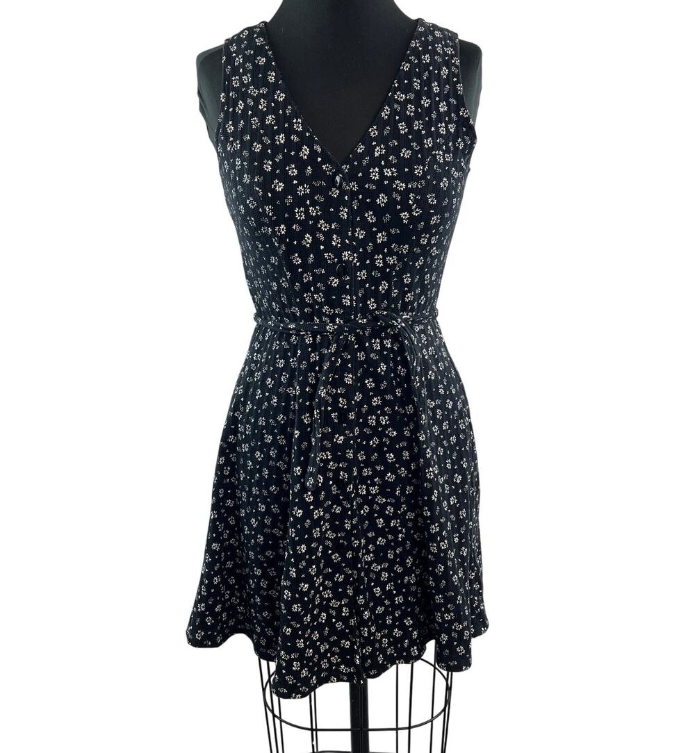 Vintage CHABLIS Black White Tank Dress Floral Prairie Waist Tie Button Front S?